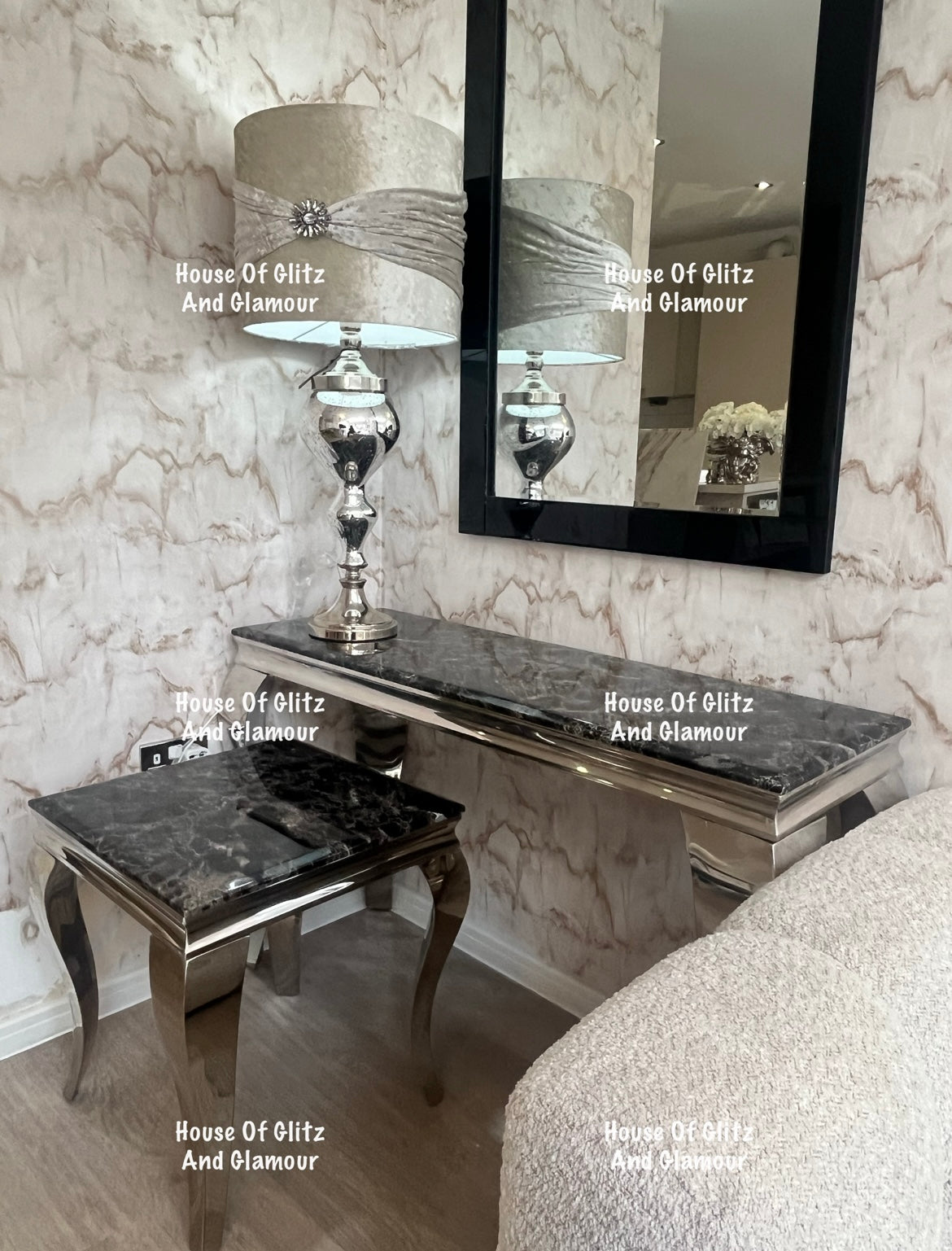 Louis Black Marble & Chrome Console Table 120cm x 40cm x 75cm