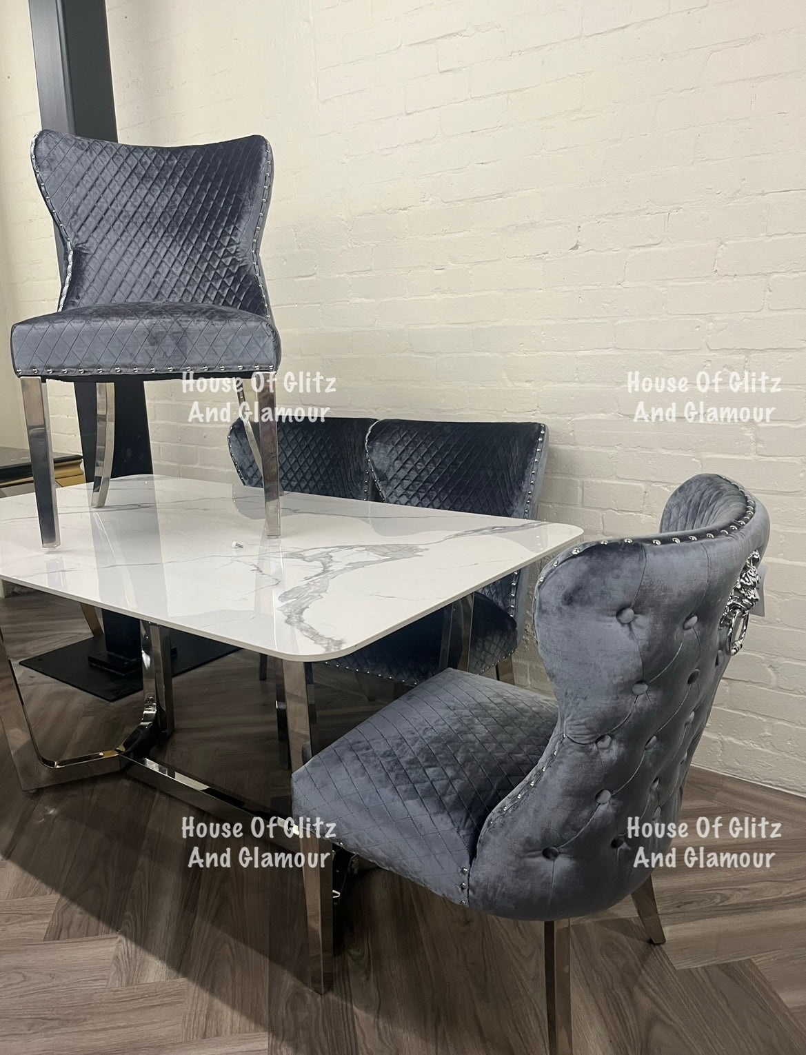 Valentina Grey Shimmer Crushed Velvet Lion Knocker Winged Back Quilted Dining Chair