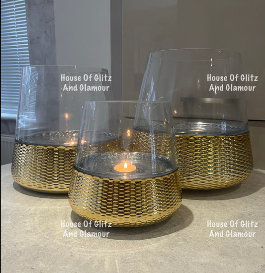 3 x Hampton small, medium & Large Gold & Glass Candle Holder/