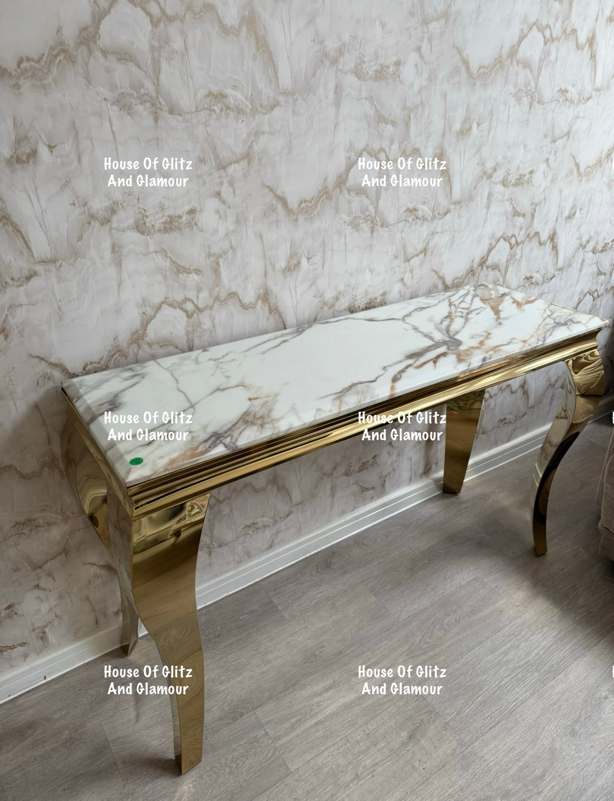 Louis Calacatta Effect White Marble Console Table With Gold Legs
