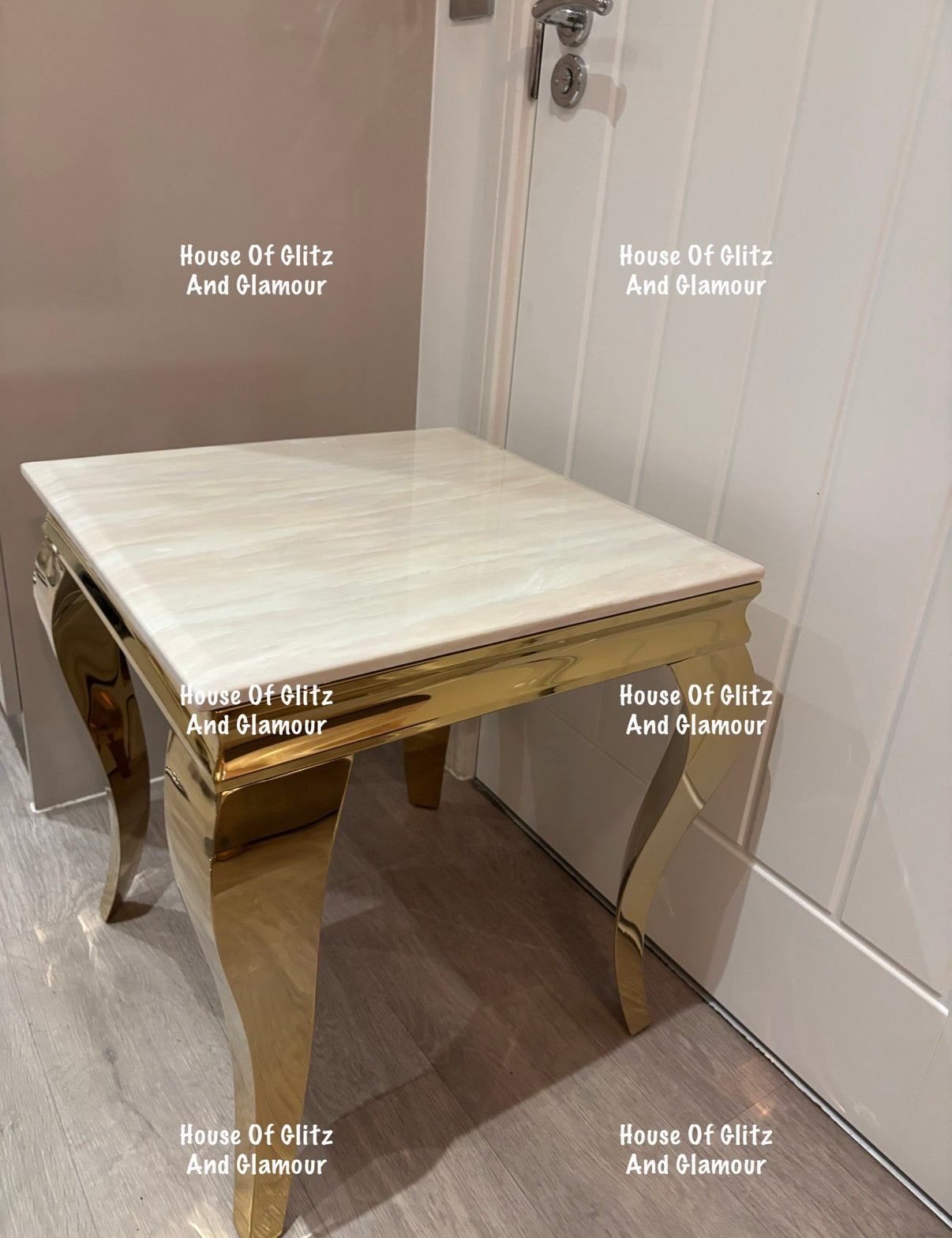 Louis Gold Lamp Table With Cream Marble Top 50cm x 50cm