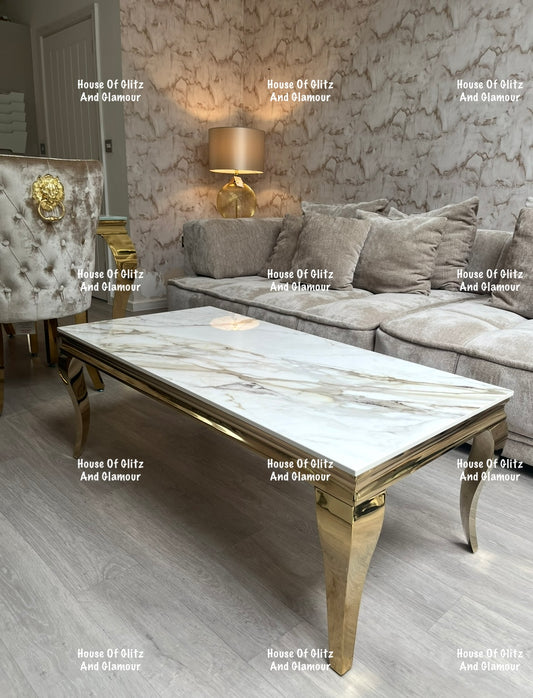 Louis Gold Coffee Table With Kata Gold Marble Patterned Ceramic Top  120cm x 60cm x 42cm