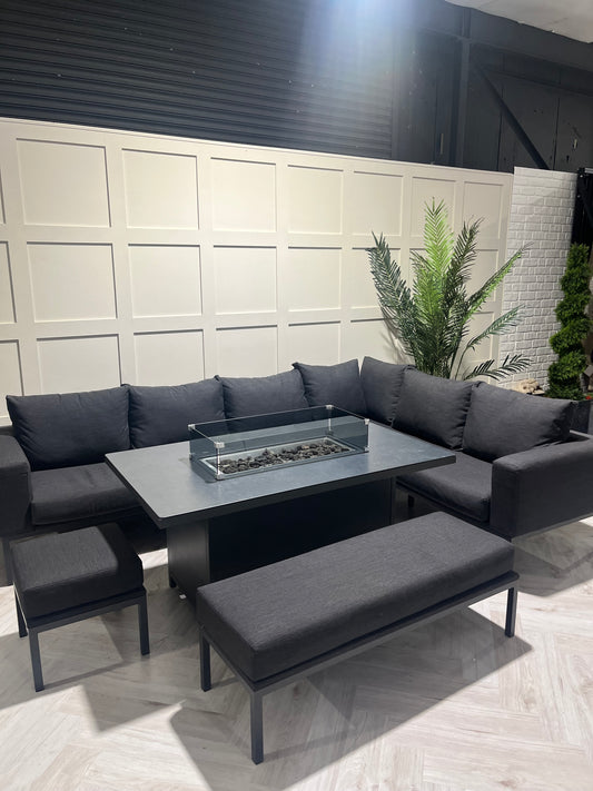 Vancouver Aluminium Firepit Garden Corner Sofa Dining Table Set