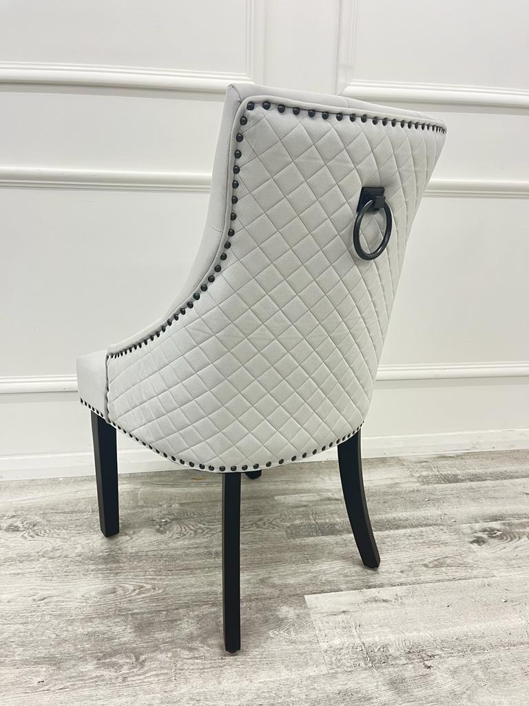 Chelsea Light Grey Velvet Dining Chair With Black Leg And Ring Knocker