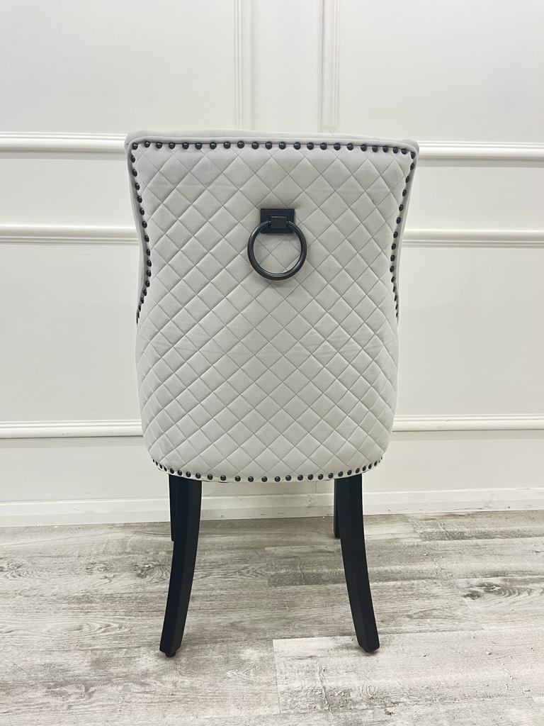 Chelsea Light Grey Velvet Dining Chair With Black Leg And Ring Knocker