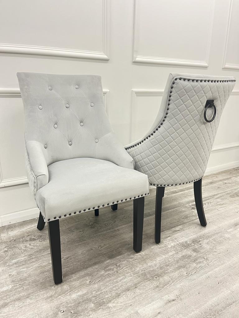 Chelsea Light Grey Velvet Dining Chair With Black Leg And Ring Knocker
