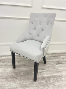 Chelsea Light Grey Velvet Dining Chair With Black Leg And Ring Knocker