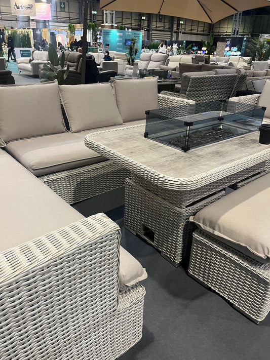 Cheltenham Rattan Corner Table Rising Table set with Armchair + Firepit