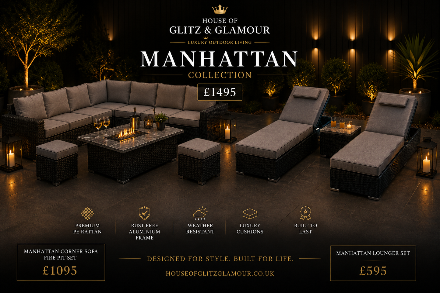 Manhattan Black Rattan 8 Seater Corner Fire Pit Dining Set with Rising Table