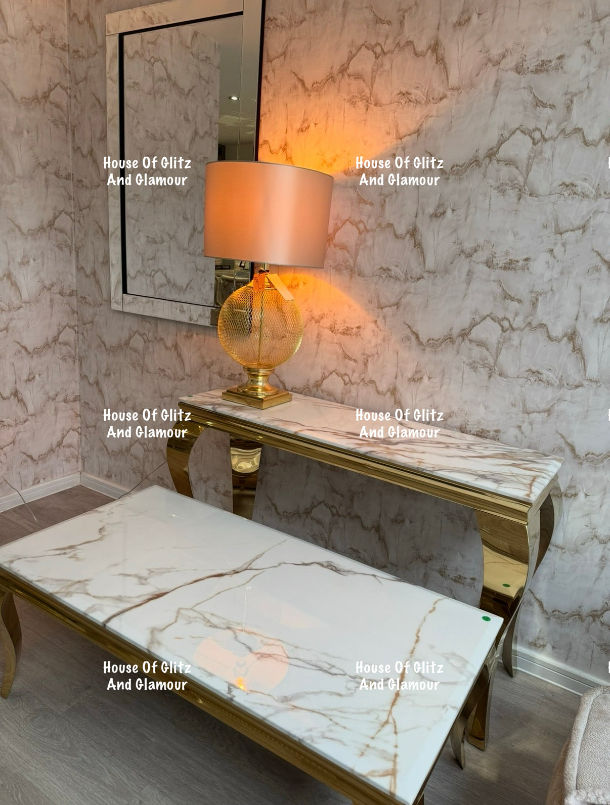 Louis Calacatta Effect White Marble Console Table With Gold Legs