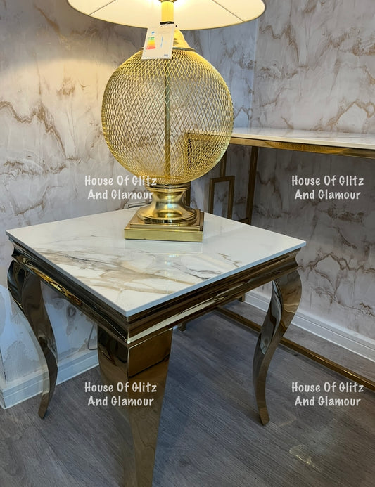 Louis Gold Lamp Table With Kata Gold Ceramic Marble Patterned Top 50cm x 50cm