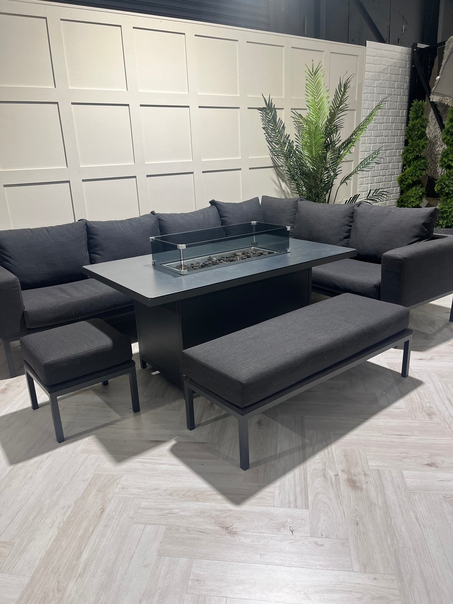 Vancouver Aluminium Firepit Garden Corner Sofa Dining Table Set
