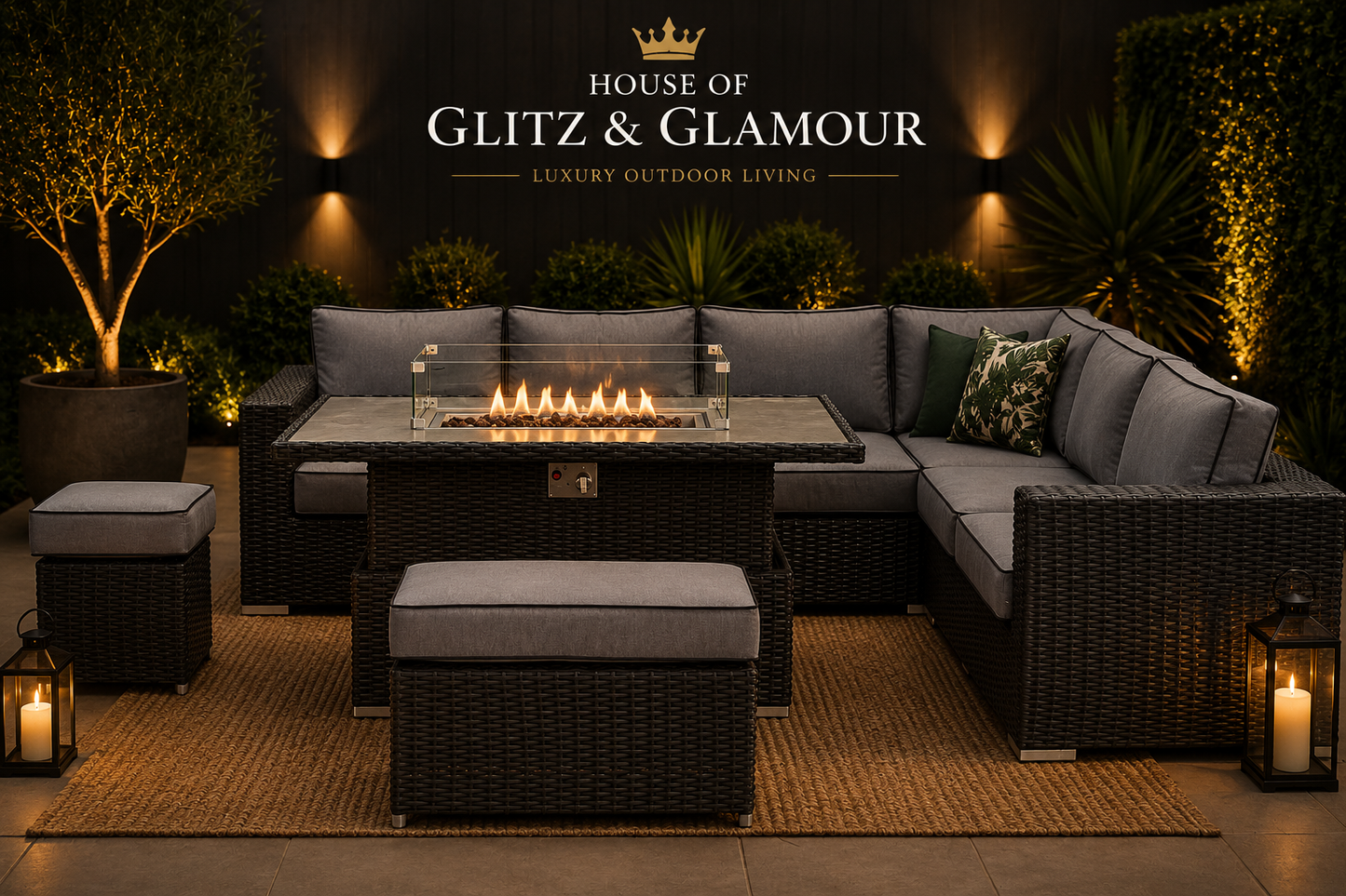 Manhattan Black Rattan 8 Seater Corner Fire Pit Dining Set with Rising Table