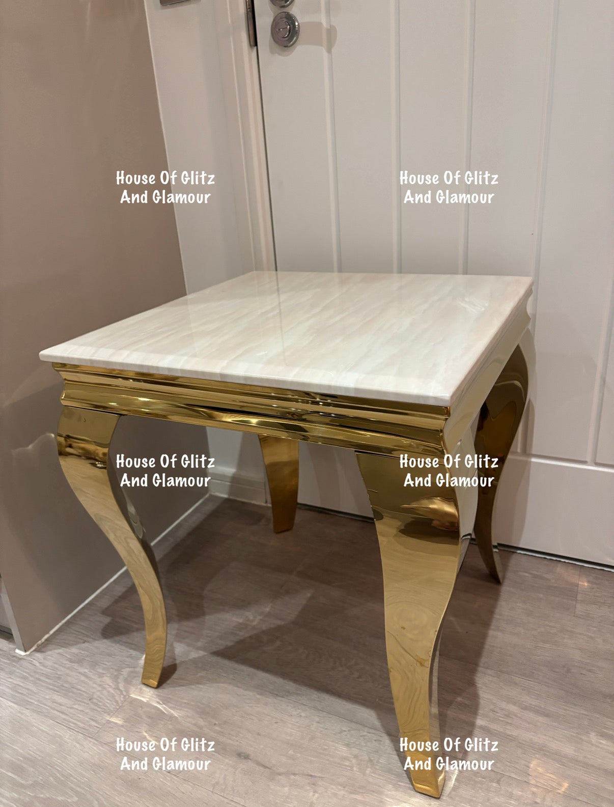 Louis Gold Lamp Table With Cream Marble Top 50cm x 50cm