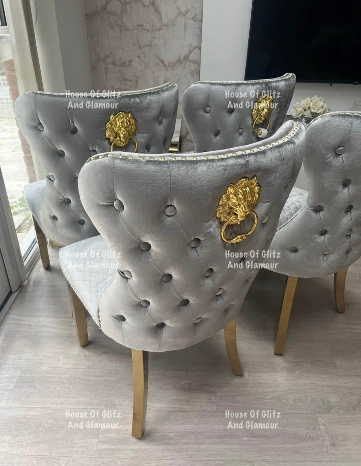 4 x Display Valentina Grey Crushed Velvet & Gold Lion Knocker Winged Back Quilted Dining Chair