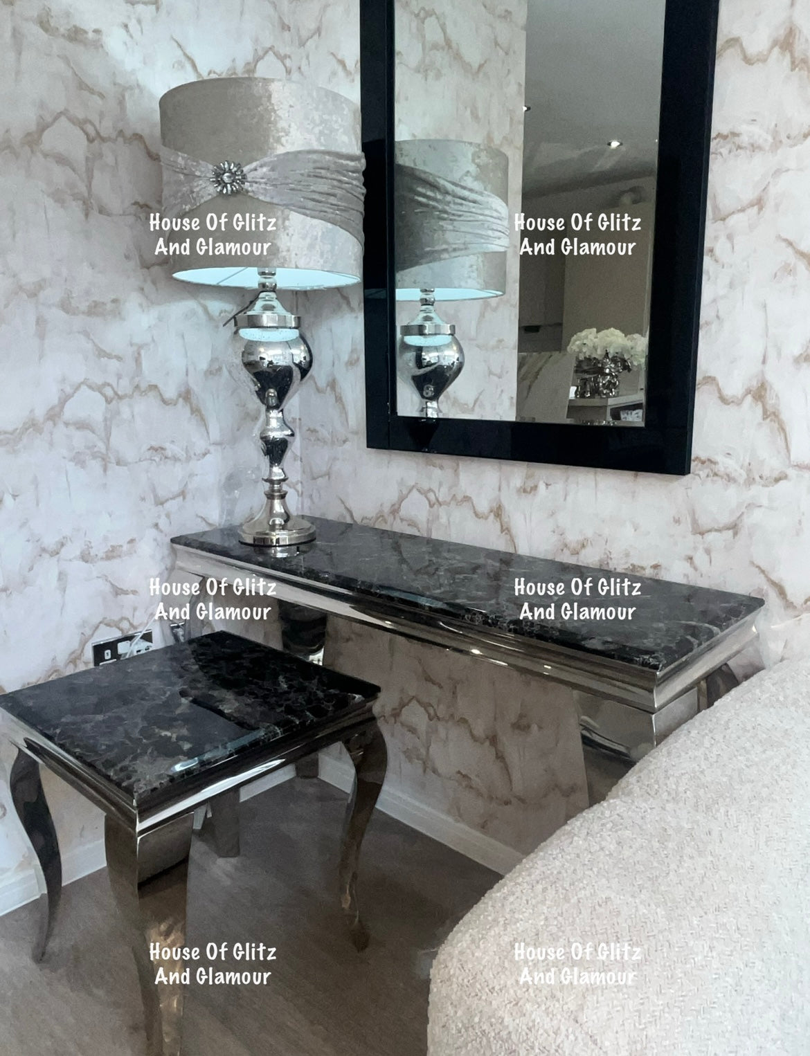 Louis Black Marble & Chrome Console Table 120cm x 40cm x 75cm