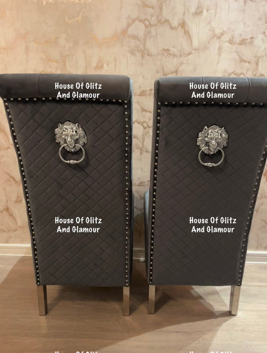 Lou Lou High Back Dark Grey Velvet Lion Knocker Back Dining Chair
