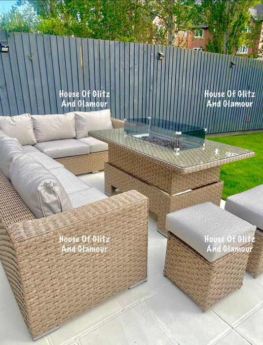 JAMAICA CORNER RISING DINING SET WITH FIRE PIT (NATURAL)