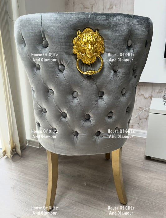 Valentina Grey Crushed Velvet & Gold Lion Knocker Winged Back Quilted Dining Chair