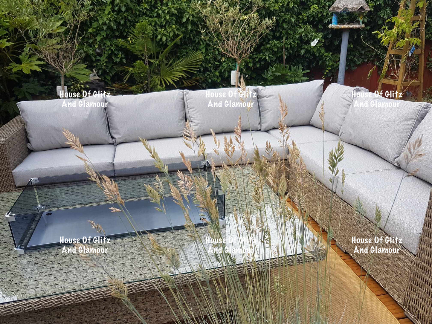 JAMAICA CORNER RISING DINING SET WITH FIRE PIT (NATURAL)