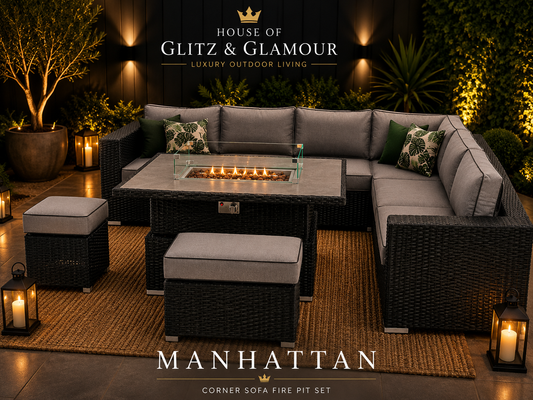 Manhattan Black Rattan 8 Seater Corner Fire Pit Dining Set with Rising Table