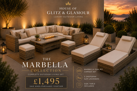 Marbella Corner Fire Pit Dining Set & Matching Sun Loungers - Cream & Grey