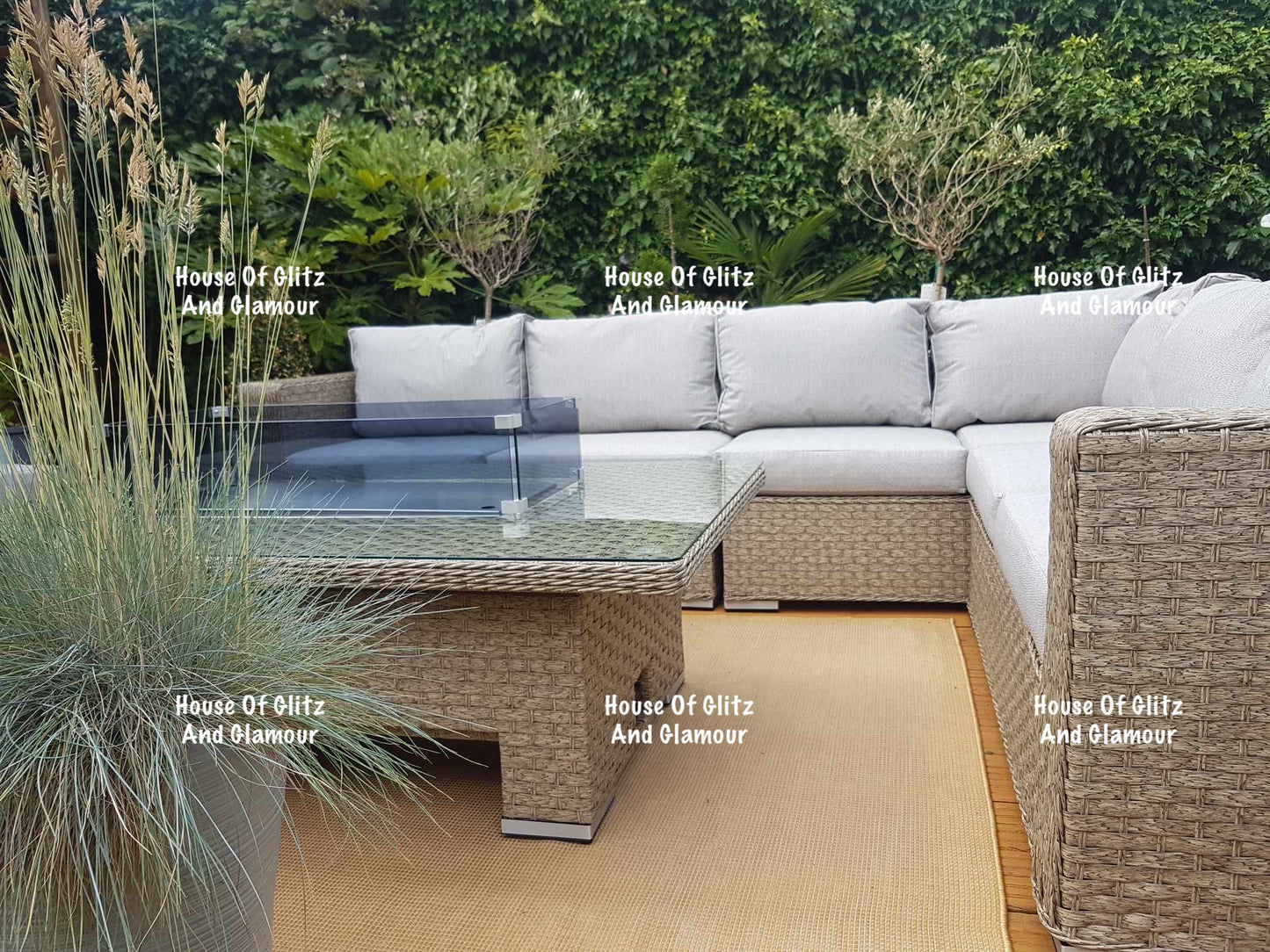 JAMAICA CORNER RISING DINING SET WITH FIRE PIT (NATURAL)
