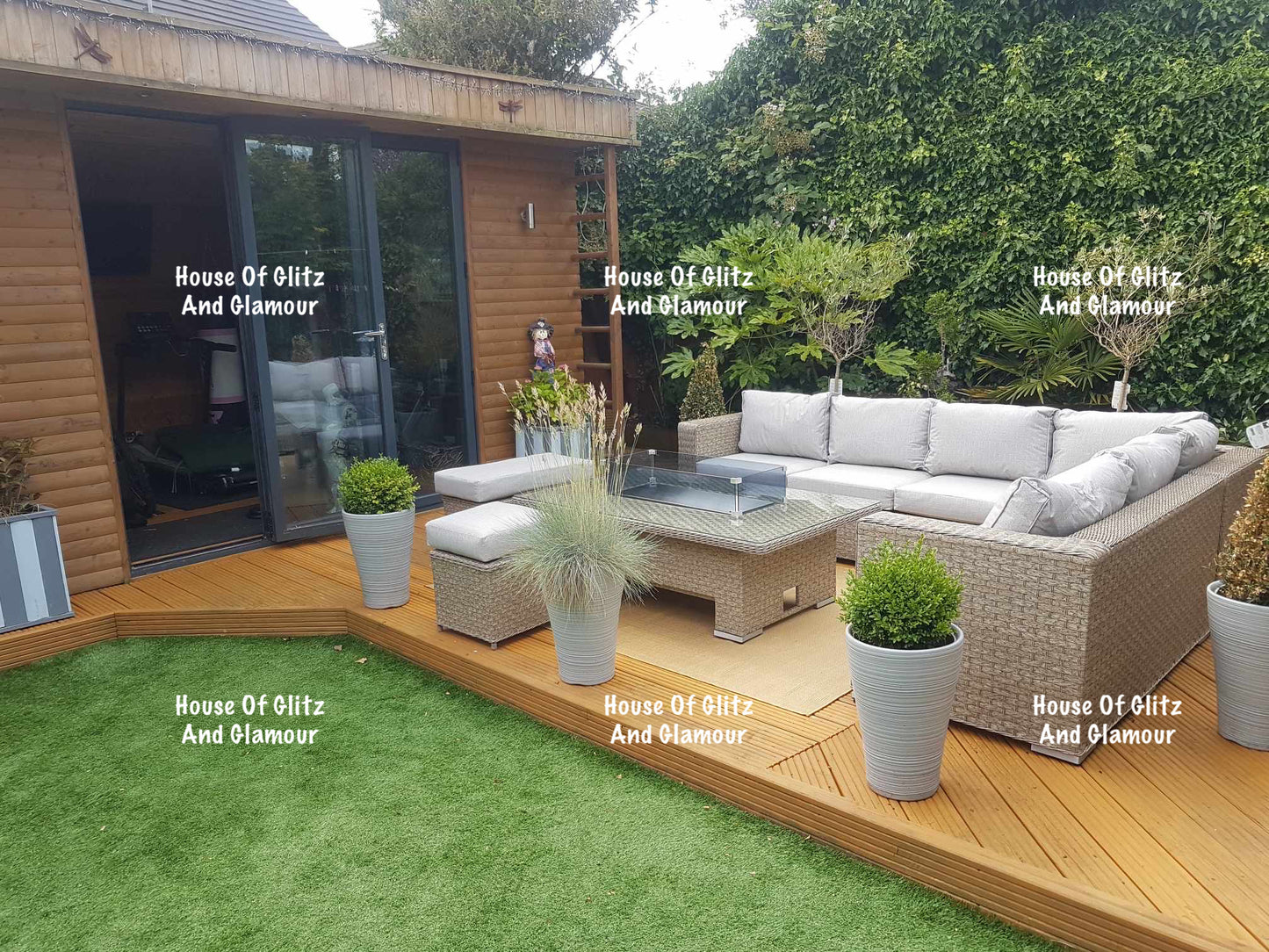 JAMAICA CORNER RISING DINING SET WITH FIRE PIT (NATURAL)