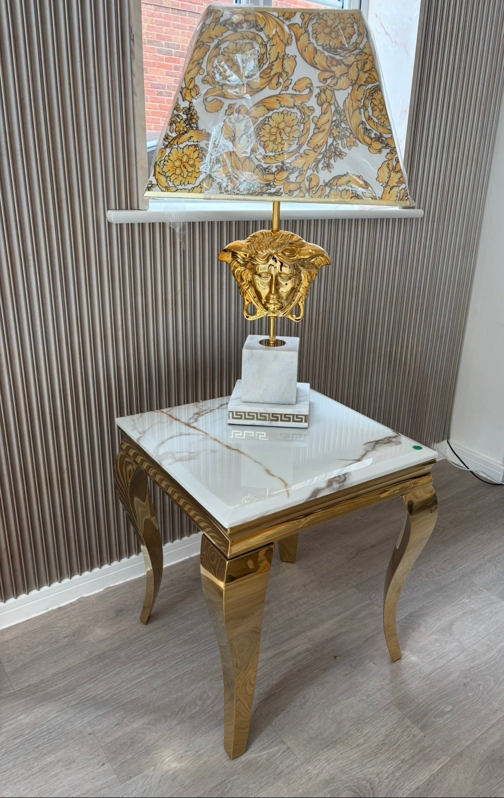Louis Gold Lamp Table With Calcatta Gold Marble Patterned Top 50cm x 50cm