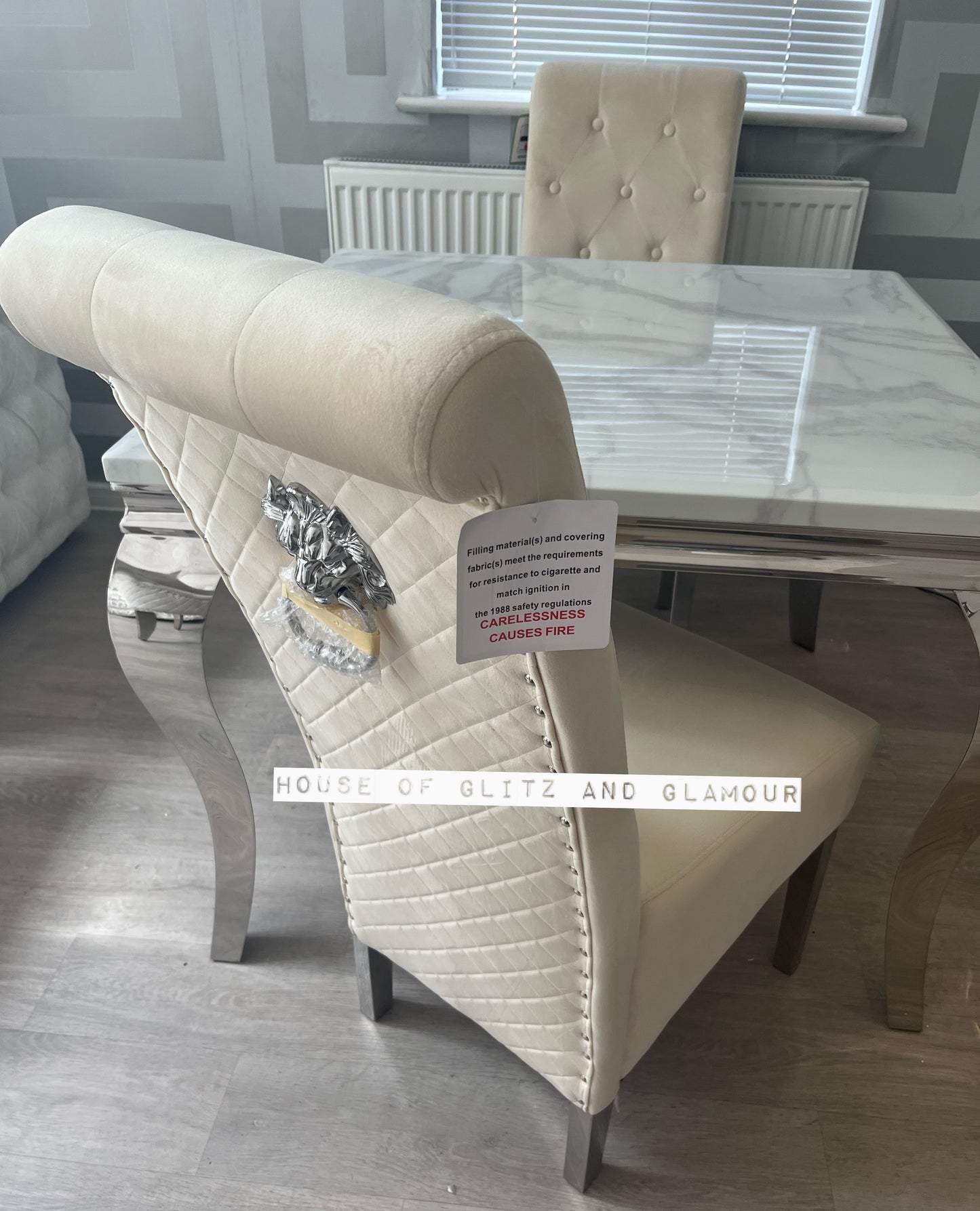 Lou Lou High Back Cream ( Vanilla )  Velvet Lion Knocker Back Dining Chair