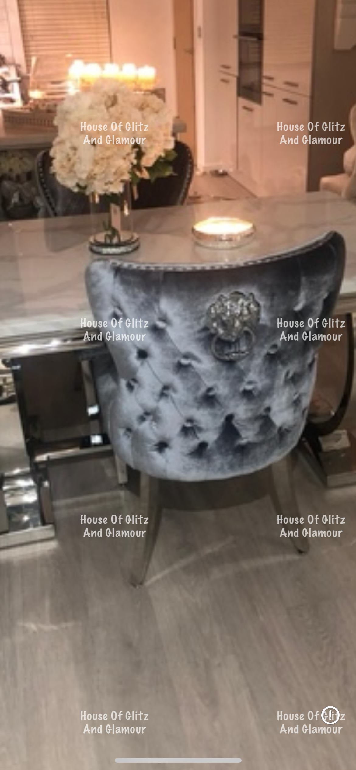 Valentina Grey Shimmer Crushed Velvet Lion Knocker Winged Back Quilted Dining Chair