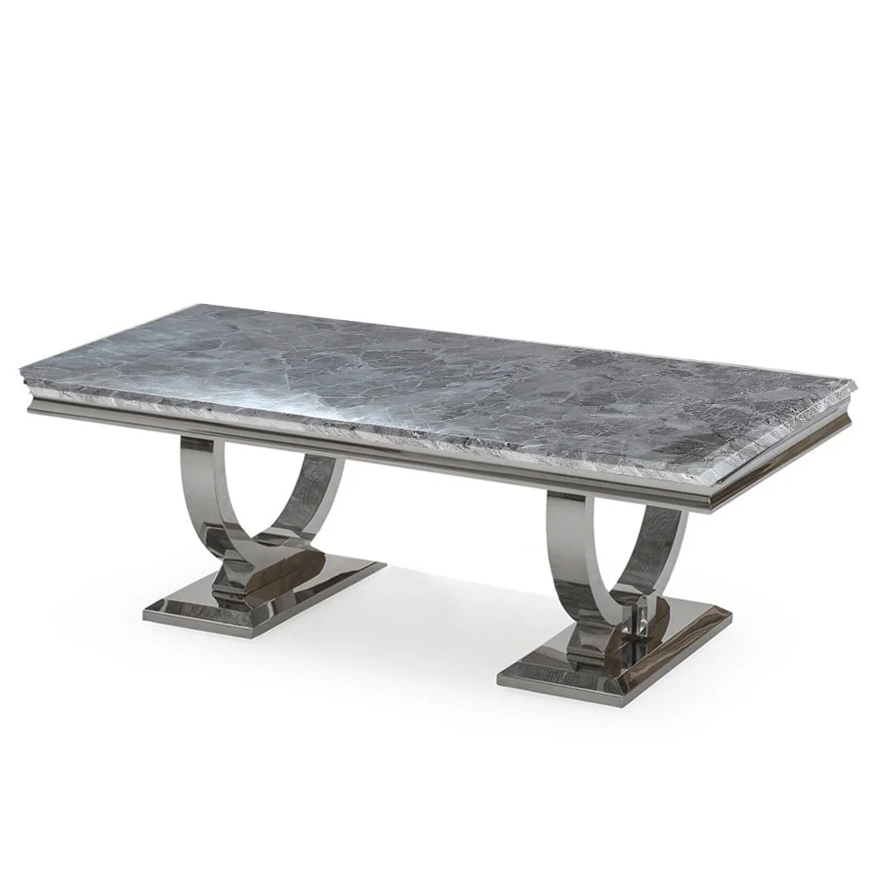 Arianna Silver Grey Marble & Stainless Steel Circular Base Coffee Table 130cm x 70cm x 42cm