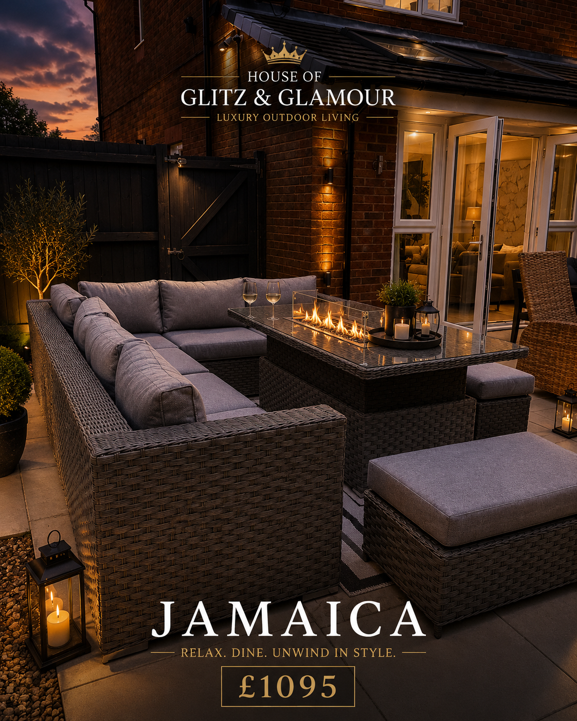JAMAICA CORNER RISING DINING SET WITH FIRE PIT - Grey