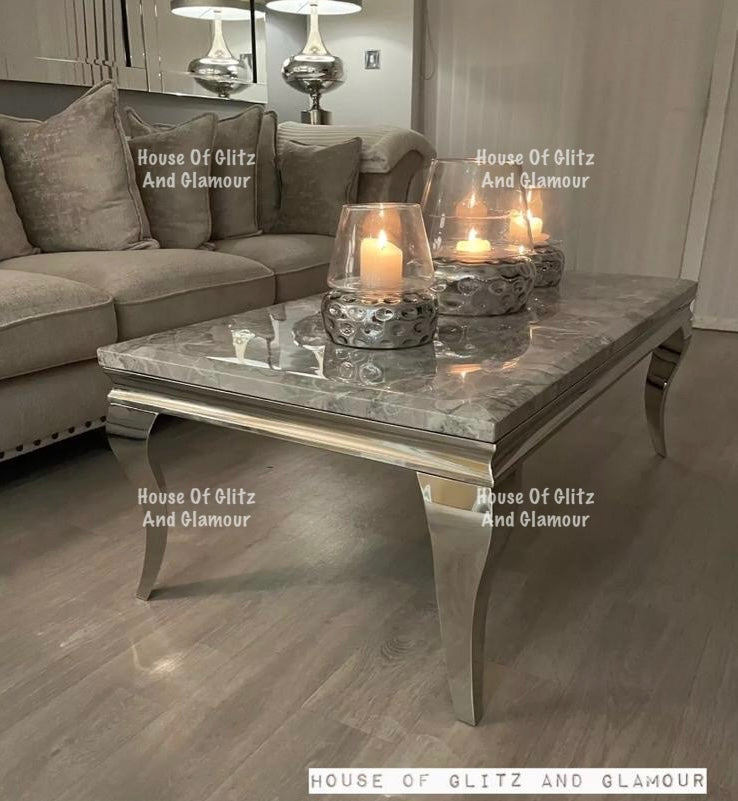 Louis Silver & Grey Marble & Stainless Steel Coffee Table 130cm x 70cm x 42cm