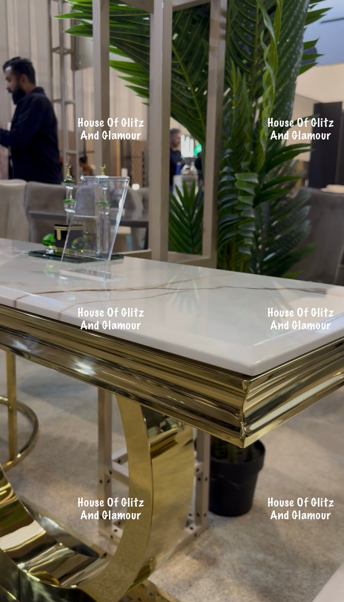 Arianna White Calacatta Effect Marble Gold Circular Base Console Table