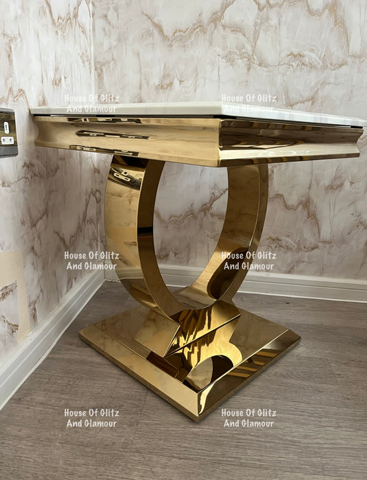 Arianna White Marble & Gold Circular Lamp / Side Table 50cm x 50cm