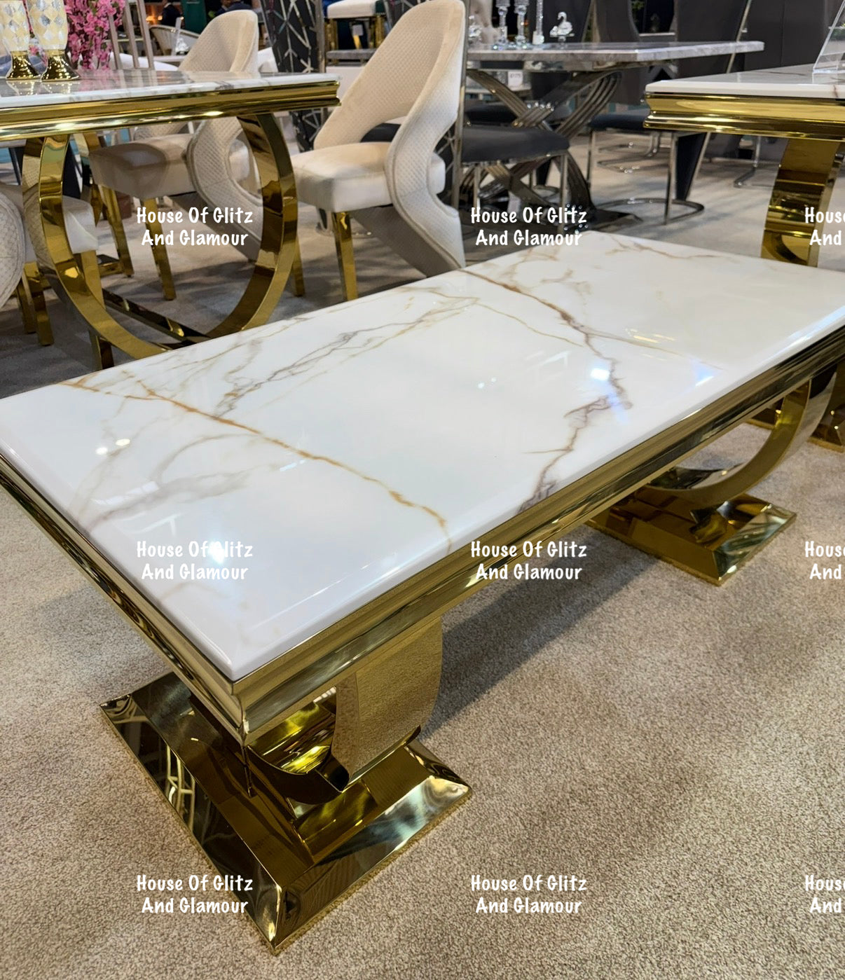 Arianna White Calacatta Effect Marble Gold Circular Base Coffee Table