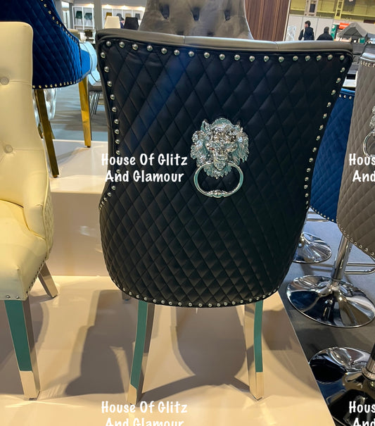 Chelsea Black PU Leather Lion knocker Back Chrome Legs Dining Chair