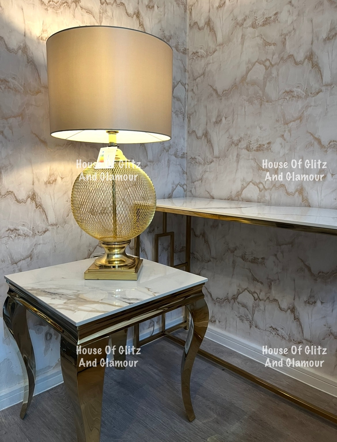 Louis Gold Lamp Table With Kata Gold Ceramic Marble Patterned Top 50cm x 50cm