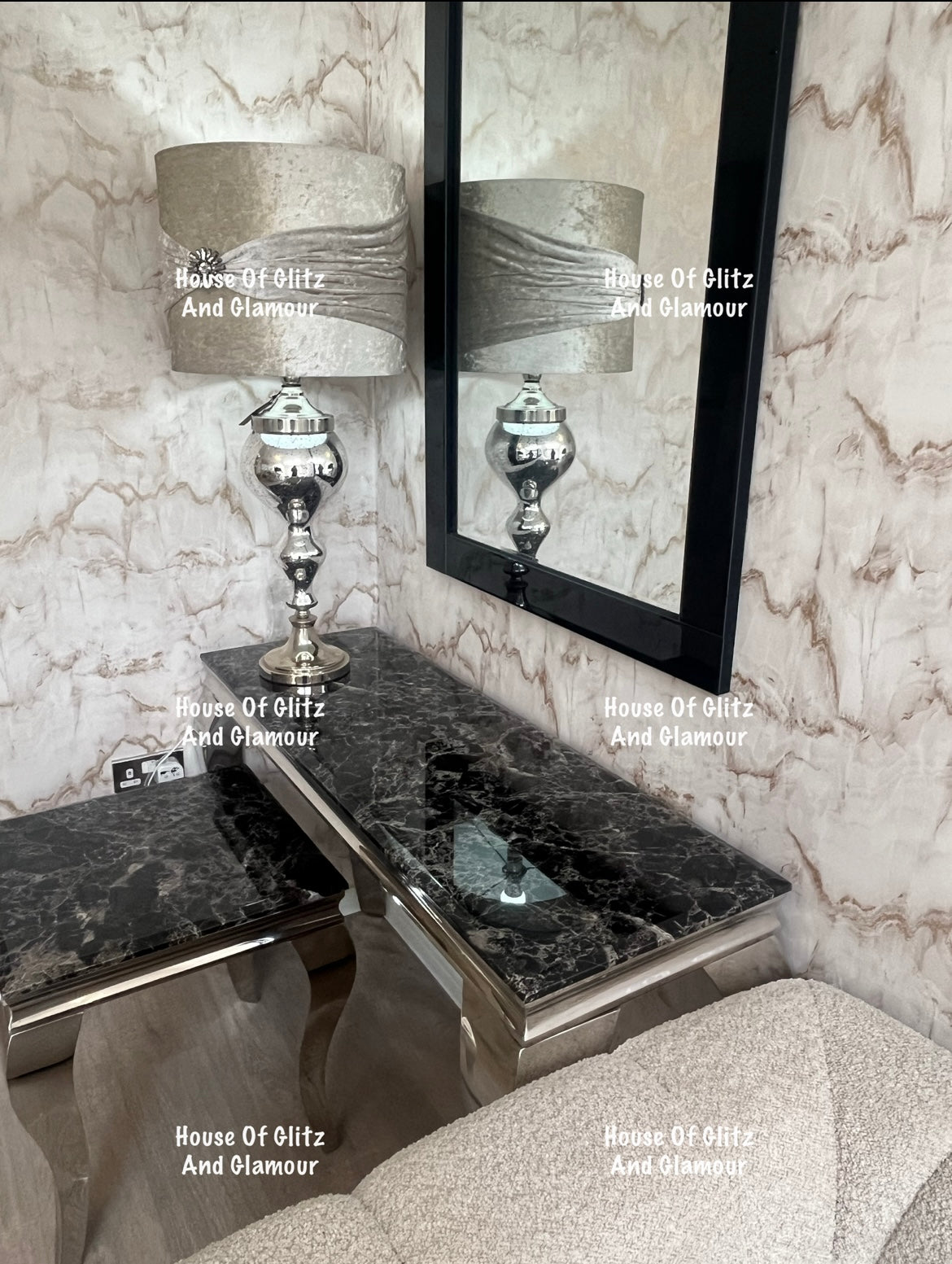 Louis Black Marble & Chrome Console Table 120cm x 40cm x 75cm