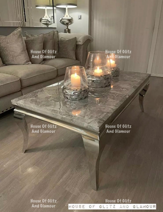 Louis Silver & Grey Marble & Stainless Steel Coffee Table 130cm x 70cm x 42cm