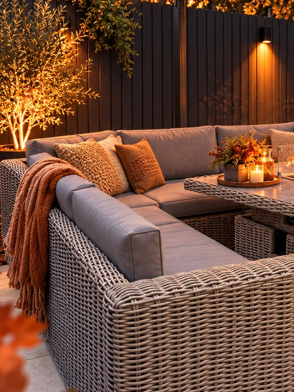 Outdoor patio seating set featuring a wicker sectional sofa with gray cushions, textured throw pillows, a rust-colored throw blanket, and a matching wicker coffee table with candles and flowers, set against a dark wooden fence at night with warm lighting.
