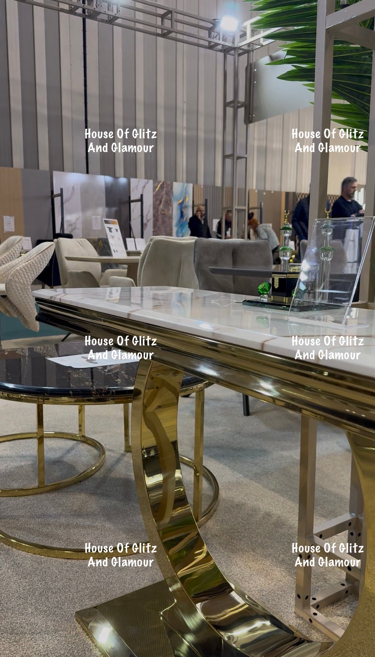 Arianna White Calacatta Effect Marble Gold Circular Base Console Table