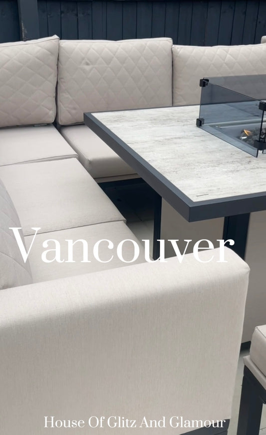 Vancouver Cream 10 Seater Aluminium L Shape Corner Sofa Dining Set with Fire Pit Table