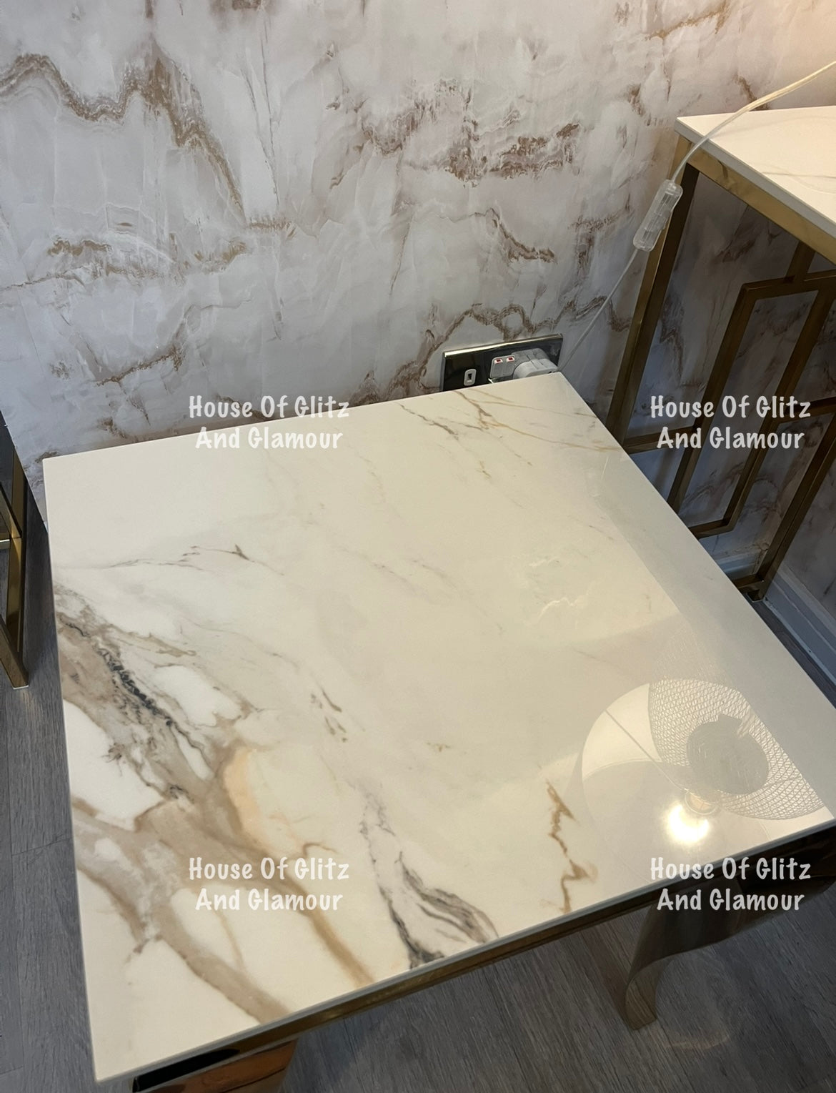 Louis Gold Lamp Table With Kata Gold Ceramic Marble Patterned Top 50cm x 50cm