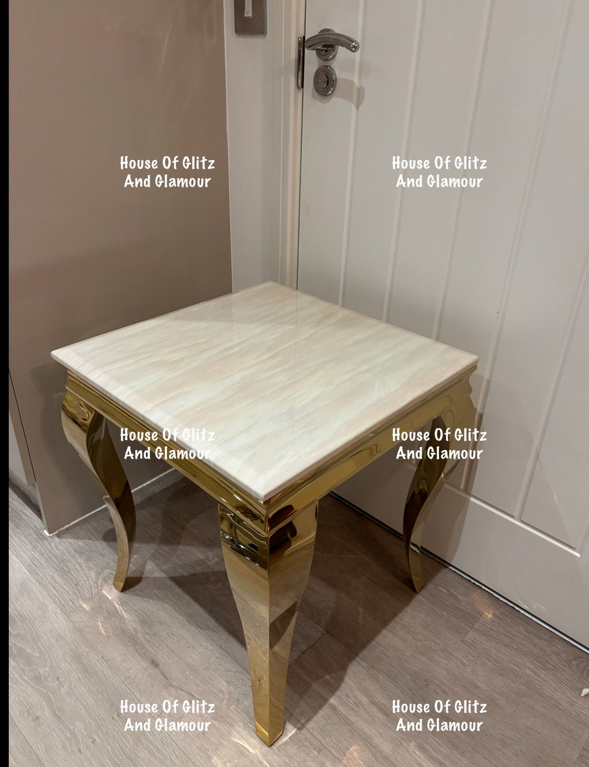 Louis Gold Lamp Table With Cream Marble Top 50cm x 50cm