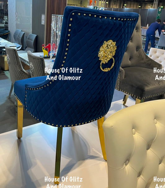 Chelsea Blue Velvet Gold Lion Knocker Back Quilted Gold Legs Dining Chair