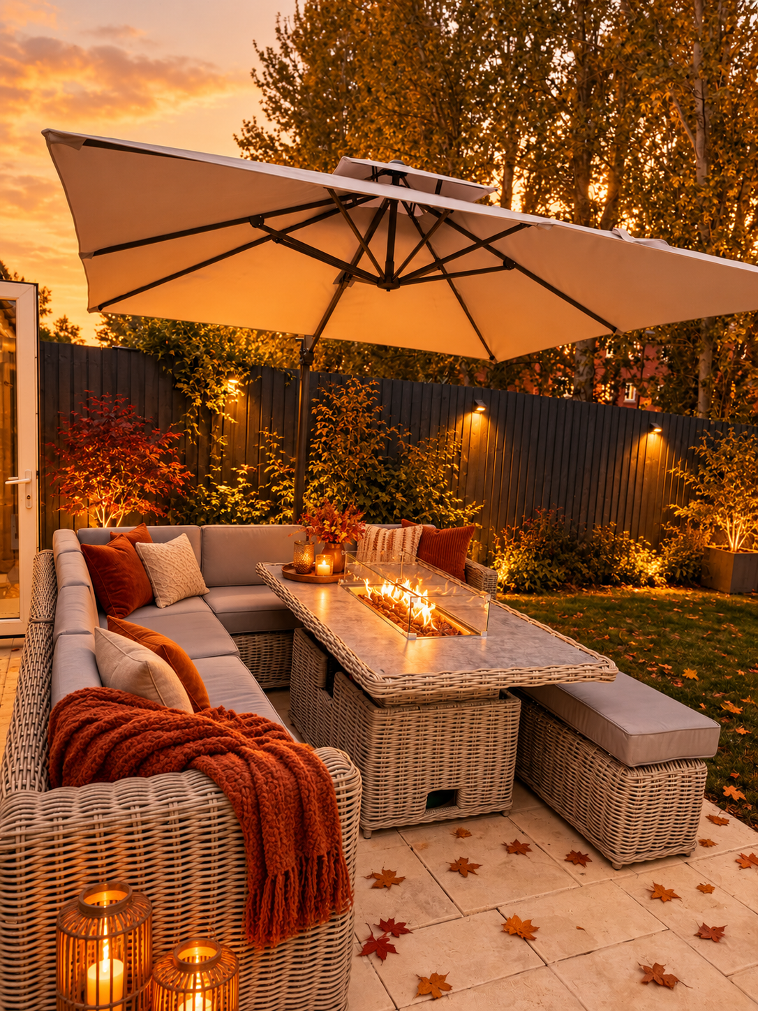 Outdoor patio furniture set with a wicker sectional sofa, matching ottoman, rectangular fire pit table, and a large patio umbrella in a backyard at sunset. The scene includes warm string lights, candles, a dark fence, trees, and a lawn.