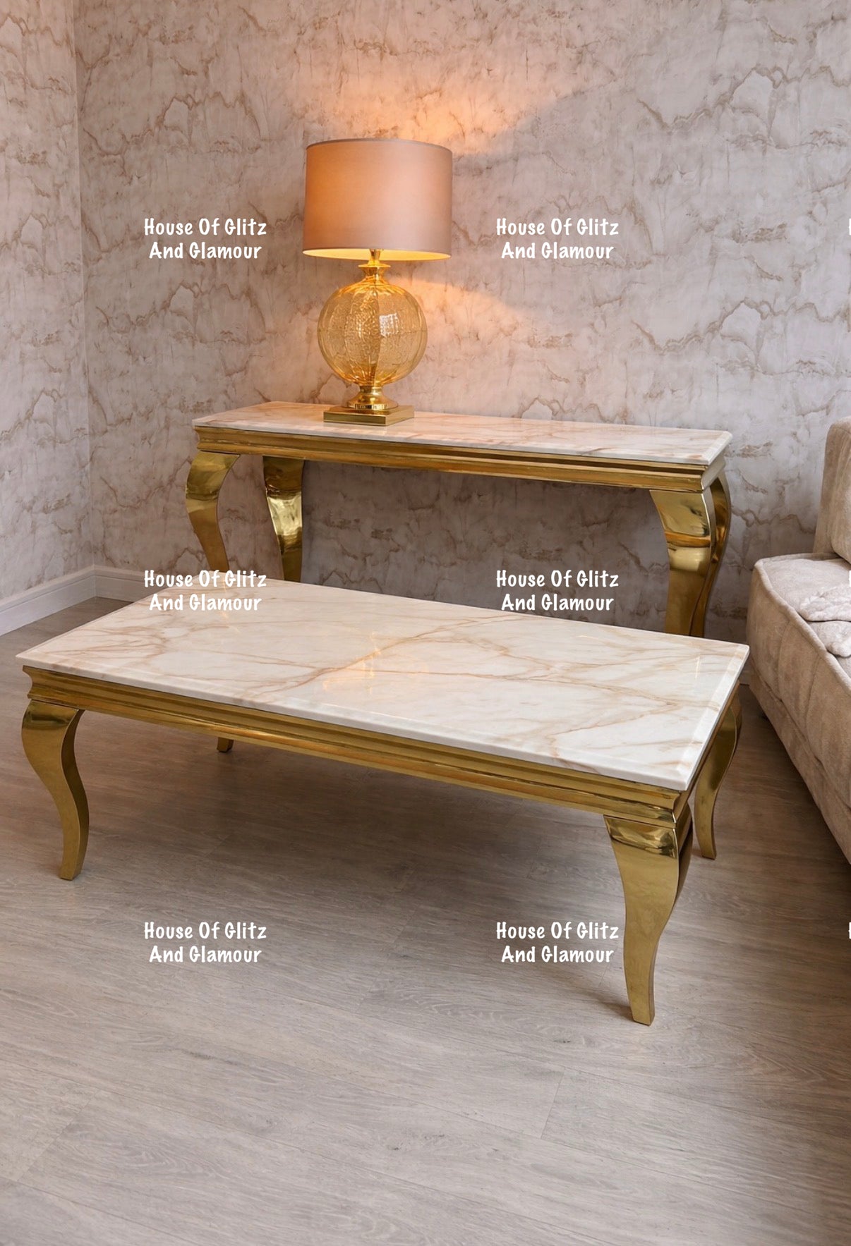 Louis Calacatta Effect White Marble Console Table With Gold Legs