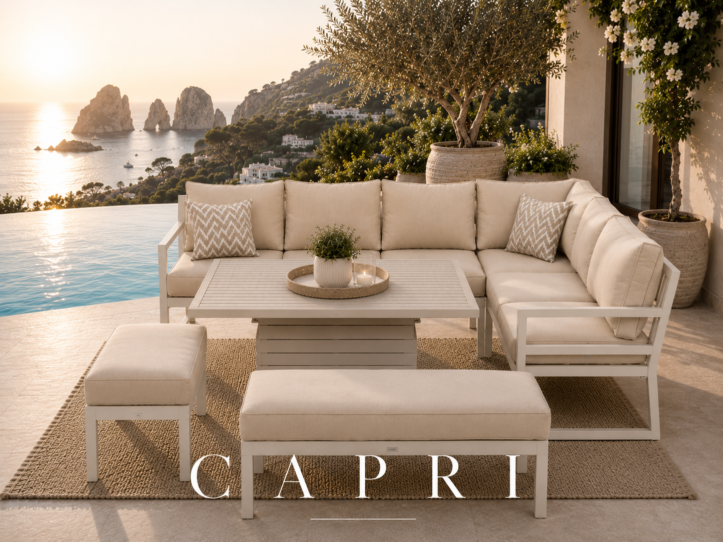 Capri Cream Aluminium Corner Dining Set with Rise & Fall Table